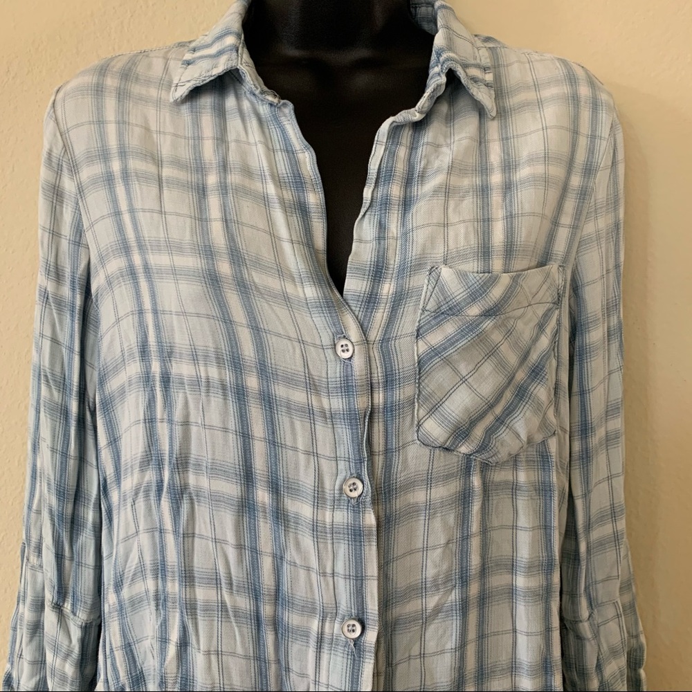 Cloth & Stone Blue White Frayed Button Up Flannel - Picture 2 of 7